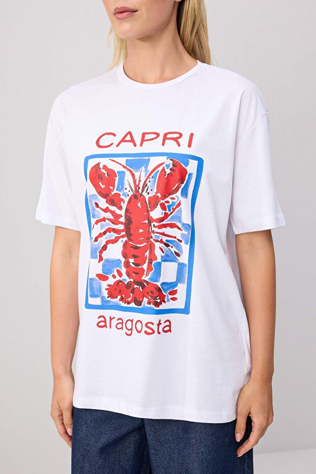 Beyaz %100 Pamuk Istakoz Baskılı Bisiklet Yaka Oversize Örme T-Shirt TWOSS26TS00351 - 3