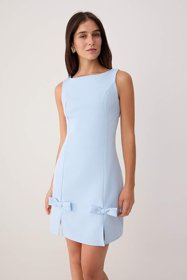 Blue Boat Neck Bow Detail A-Line/ Bell Form Short / Mini Woven Dress Twoss26El01121