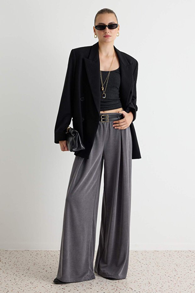 Antrasit Düz Wide Leg/Geniş Paça Çift Kemerli Uzun Modal Kumaş Örme Pantolon TWOAW27PL00018
