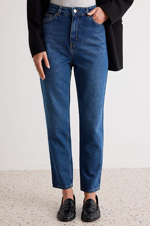 Koyu Mavi Yüksek Bel Mom %100 Pamuk Non-Stretch Jeans TWOAW24JE00076 - 4