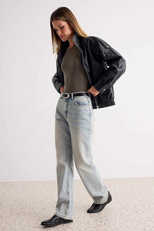 Açık Mavi Yüksek Bel Straight Düz Kesim %100 Pamuk Non-Stretch Jeans TWOSS25JE00084 - 2