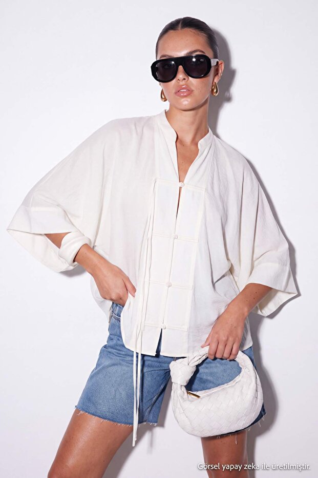 White Button Tie Detail Slim Kimono Tdrss26Km00003