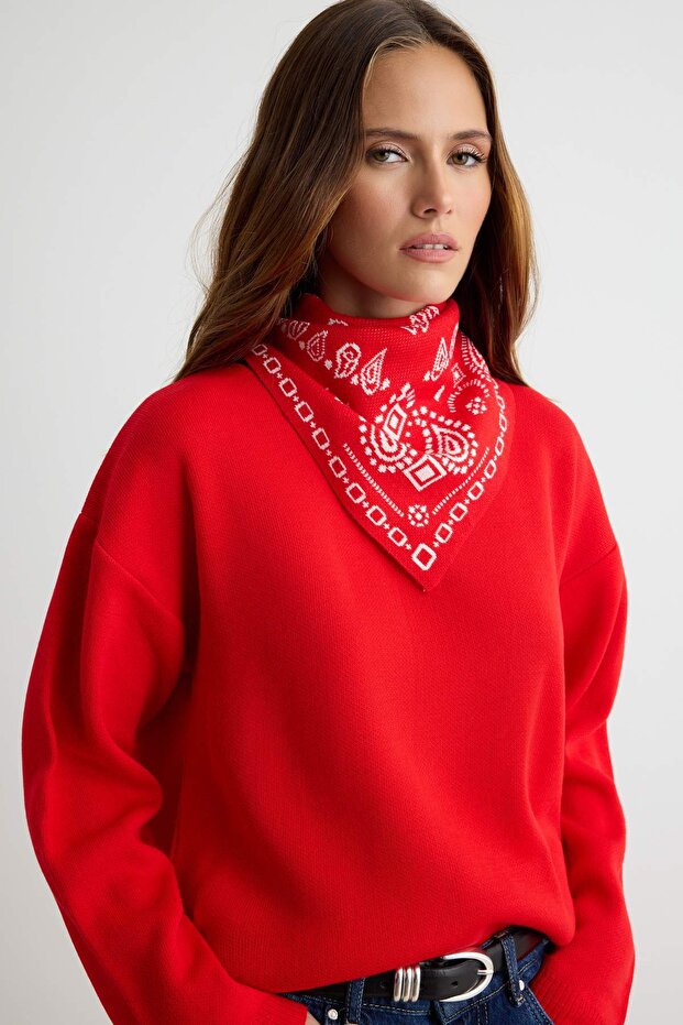 Kırmızı Oversize Çıkarılabilir Şal Detaylı Triko Kazak TWOAW27KZ00130