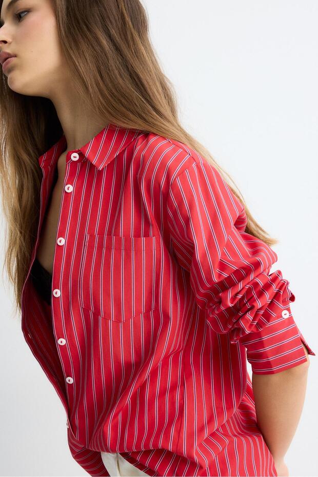 Basic çizgili poplin cepli gömlek - 4