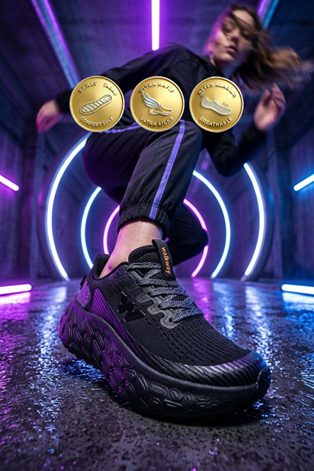Black High-Sole Breathable Memory Foam Unisex Walking Shoes B25Xi101 g