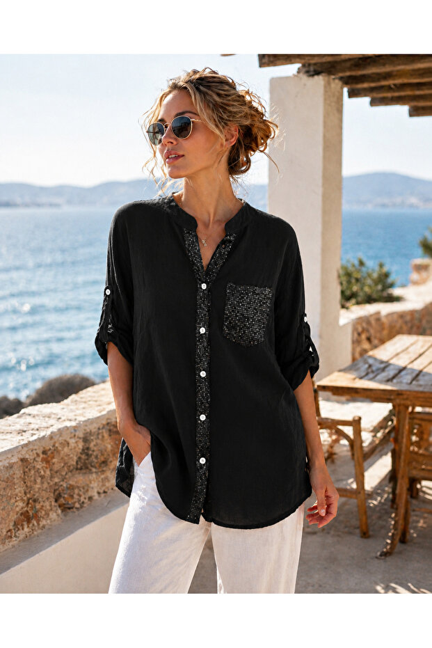 Sequin Detailed Three-Quarter Sleeve Italian Shirt