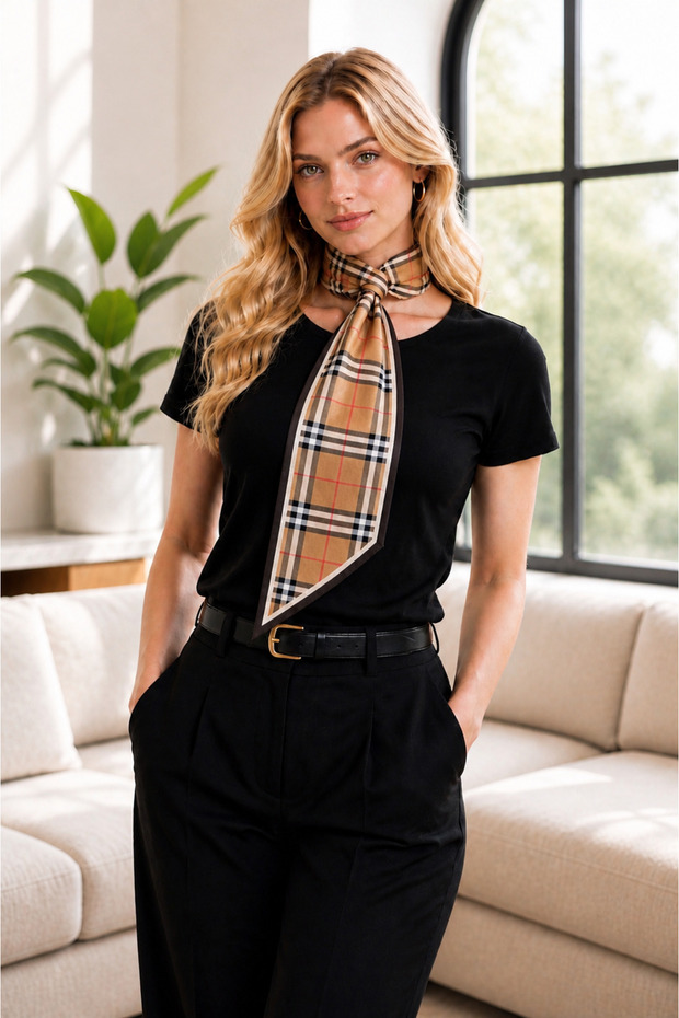 Plaid Patterned Satin Neck Scarf | Stylish Women's Accessory