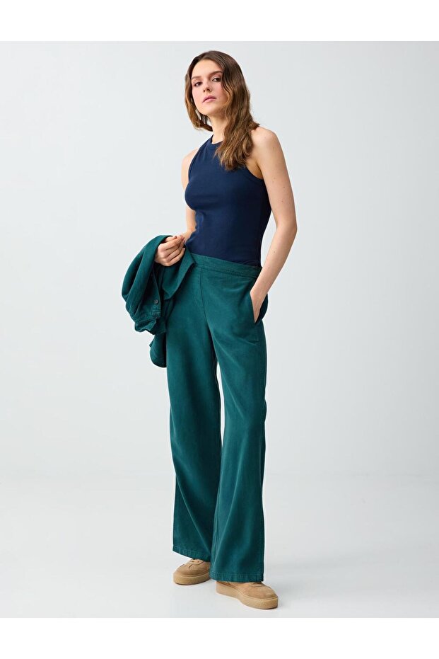Dark Green Regular Waist Regular Leg Long Trousers with Pocket Detail