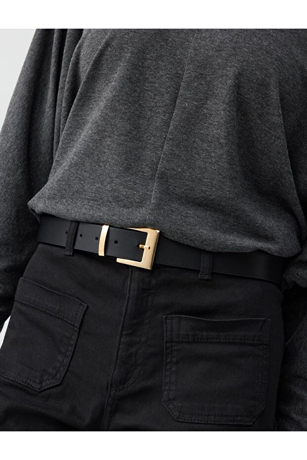 Black Thick Metal Buckle Leather Look Belt