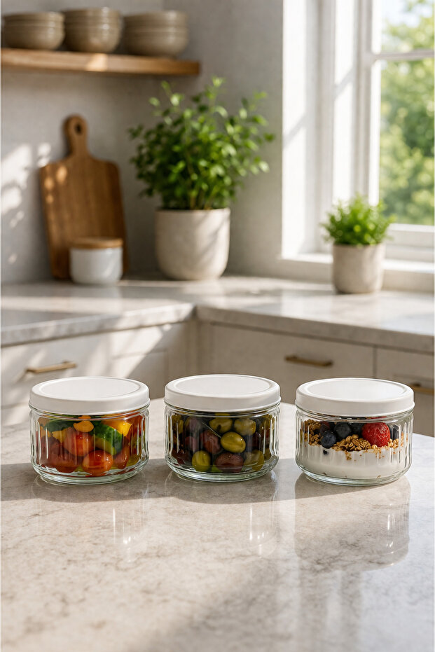 3-Piece Glass Storage Container Transparent Glass Jar with Lid for Kitchen and Refrigerator Use White 425 Cc