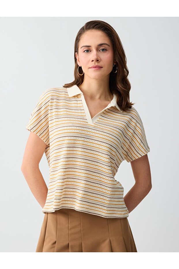 Off-White Polo Collar Short Sleeve Cotton Striped Knitted Blouse