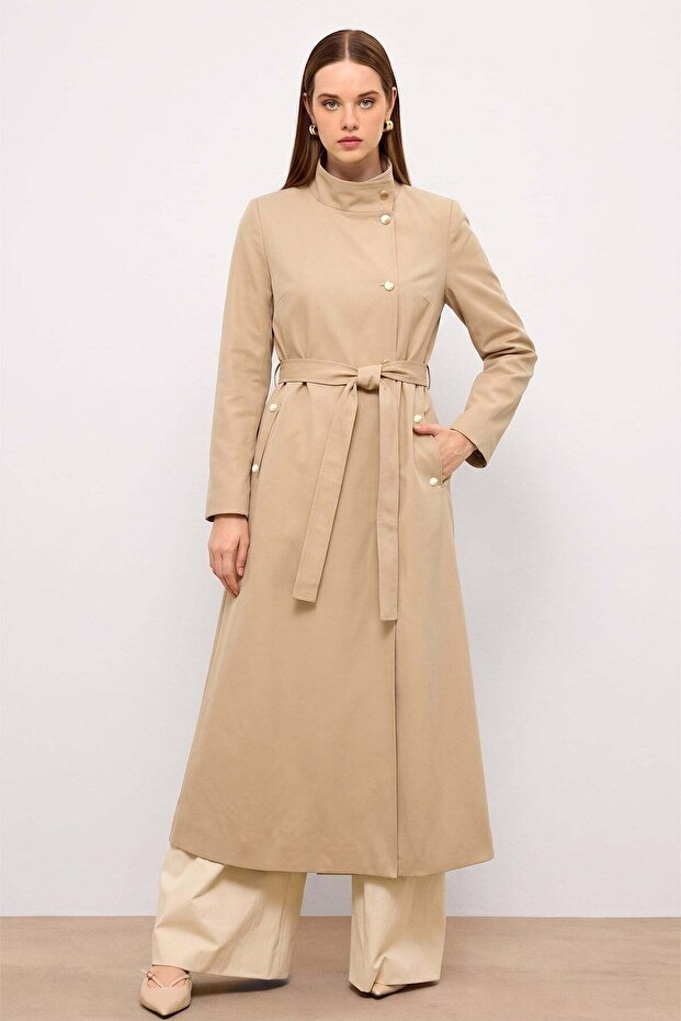 Stand-Up Collar Snap Closure Water-Repellent Trench Coat Kamel 6866