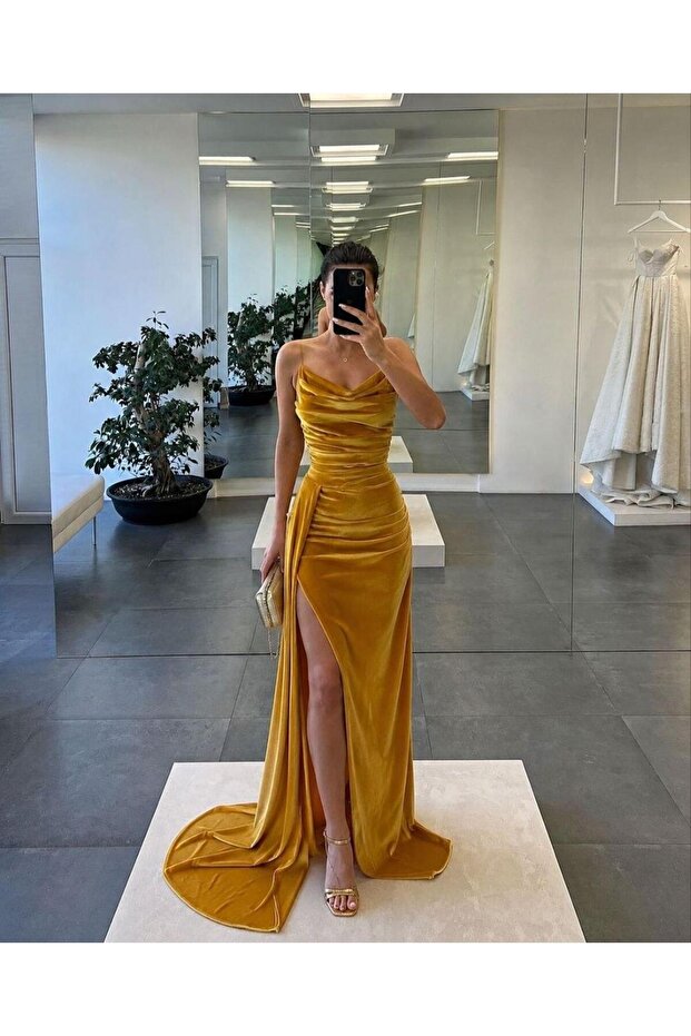 Velvet Stretch Fabric Drape Front Pleated Detail Strap Evening Dress Gold 582334