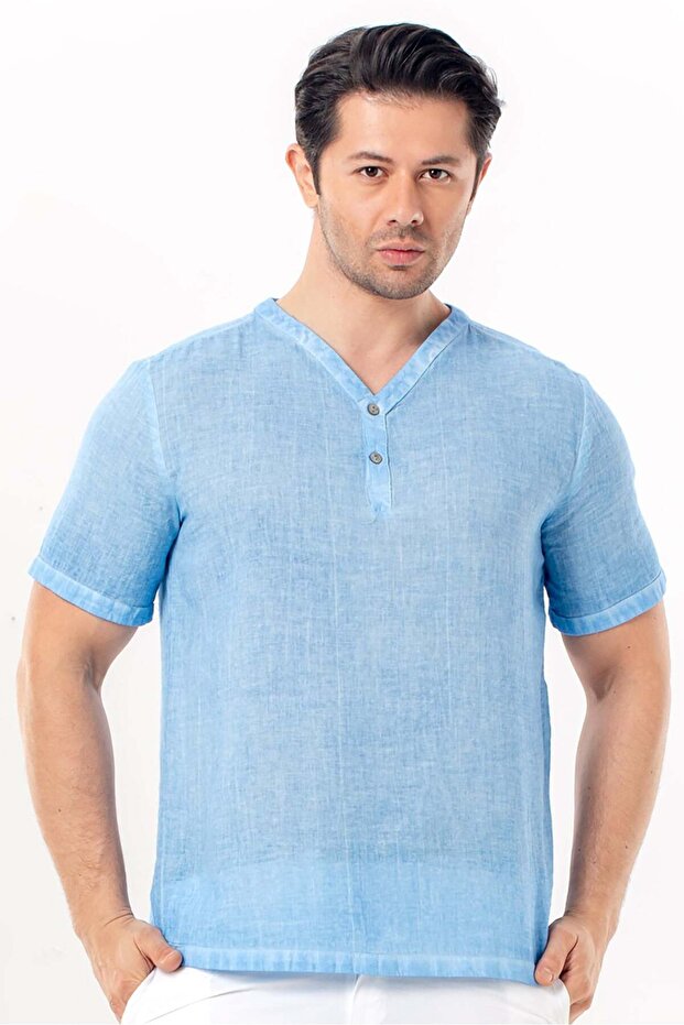 Bora Buttoned V-Neck Short Sleeve Poplin Men's T-Shirt | Summer Men's Tshirt Light Blue Amv