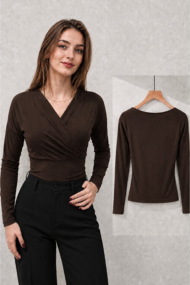 NEW PRODUCT Women's Double-Breasted V-Neck Sandy Long Sleeve Elegant Blouse 11