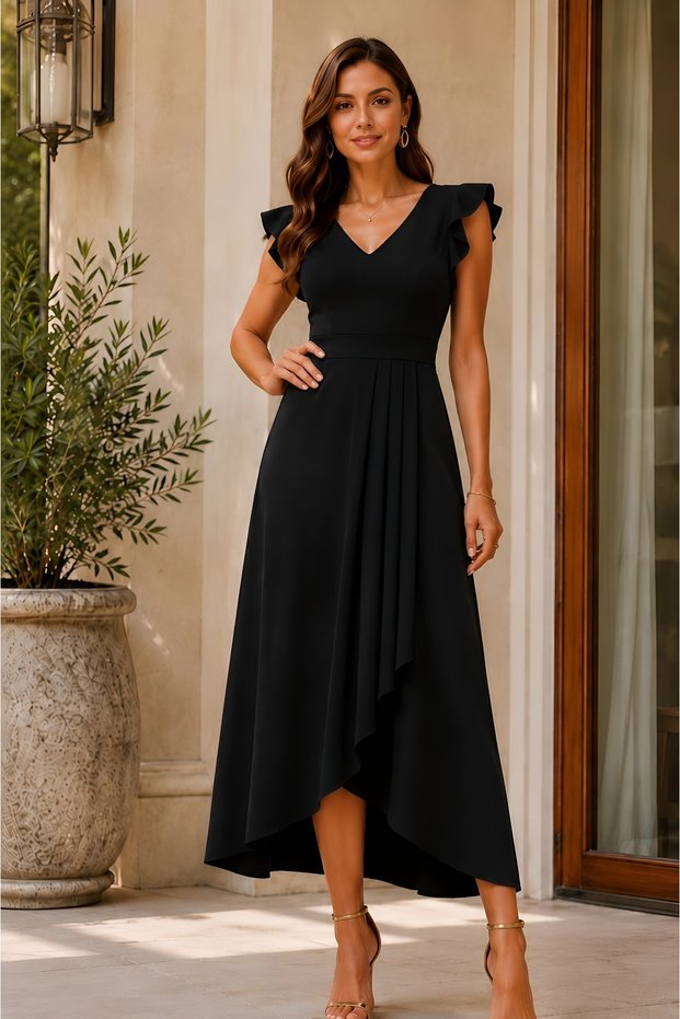 Women's V-Neck Flounce Midi Length Crepe Dress