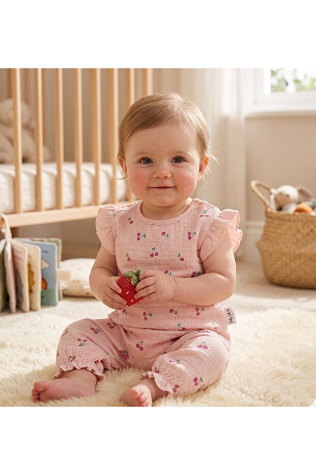 Eid Summer Cherry Patterned Girls' Cotton Muslin T-Shirt and Shorts Set