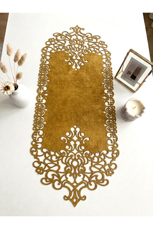 Mustard Yellow Suede Fabric Runner 40X100 cm Coffee Table Height - Modern Design