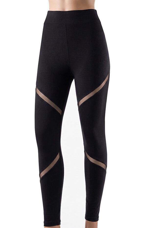 Women's High Waist Stretch Fabric Transparent Tulle Detailed Leggings (%96 Cotton - %4 Elastane)