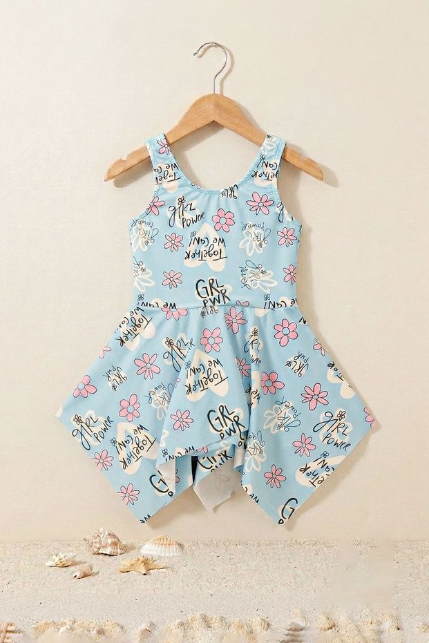 Girl Power Floral Patterned Girl's Blue Swimsuit Dress