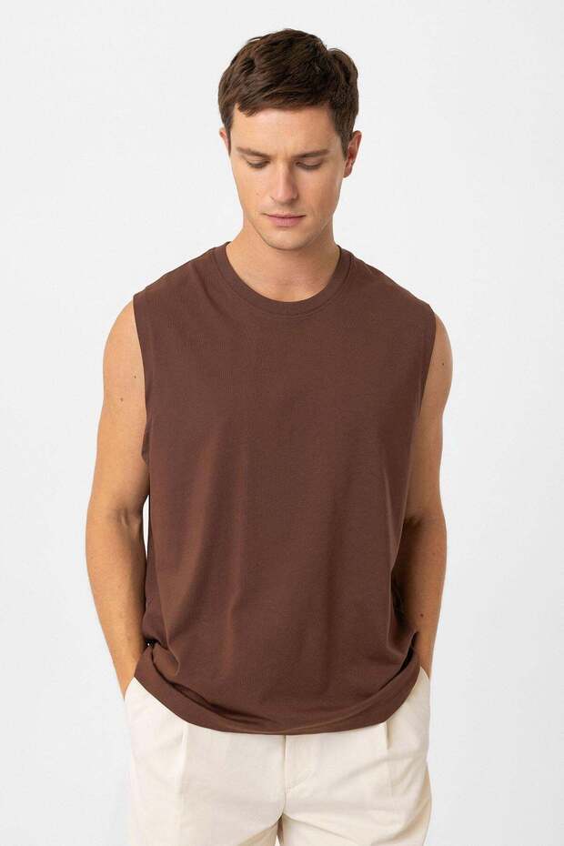 Brown Relaxed Fit Men's Sleeveless T-Shirt