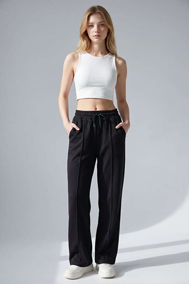 Black High Waist Wide Leg Double Pocket Sweatpants