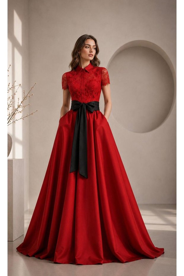 Maxi Length Short Sleeve Lace Overlay Skirt Taffeta Stylish Event Dress Cou-39