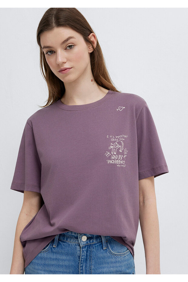 Cat Printed Purple T-Shirt Regular Fit / Normal Cut 1613875-70648