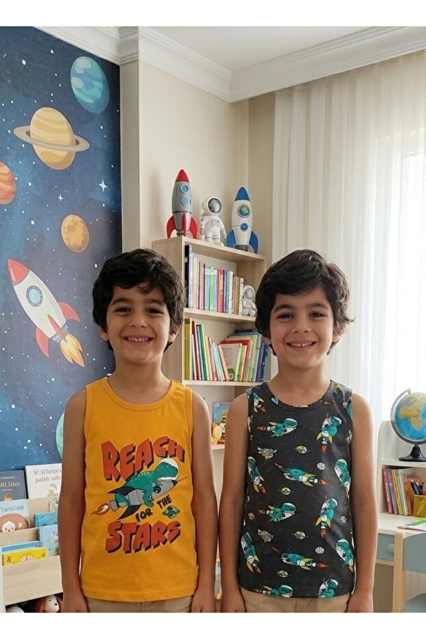 قميص داخلي للأولاد من القطن باللون البرتقالي والأسود على شكل ديناصور رائد الفضاء مكون من قطعتين