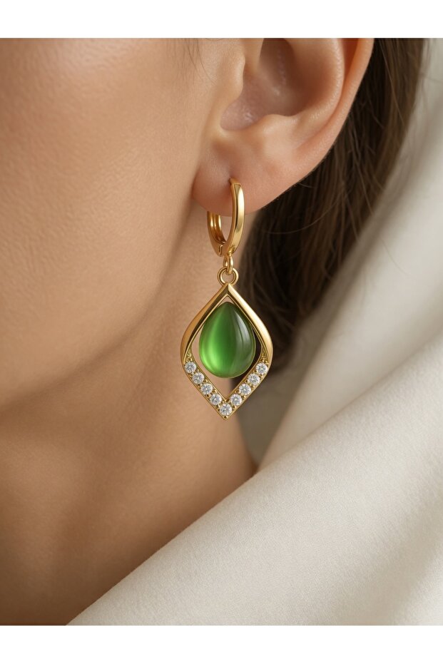 Mike Mili - Cat's Eye Stone Gold Hoop Dangle Earrings - Green Design Jewelry with Zircon Stone Frame