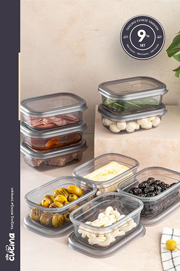 400 ml Anthracite Food Jar Set - 9-Piece Large Size Rectangular Breakfast Set with Plastic Lid