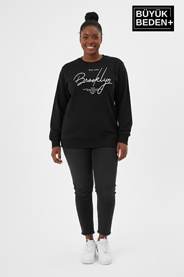Women's Plus Size Handwritten Brooklyn Printed Crew Neck Thin Sweatshirt Spr26Bswk956-6