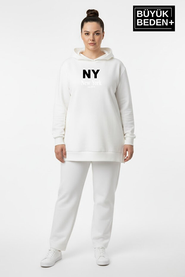 Large Size Hooded Ny New York Printed Tunic Slim Sweatshirt Spr26Btk991-1
