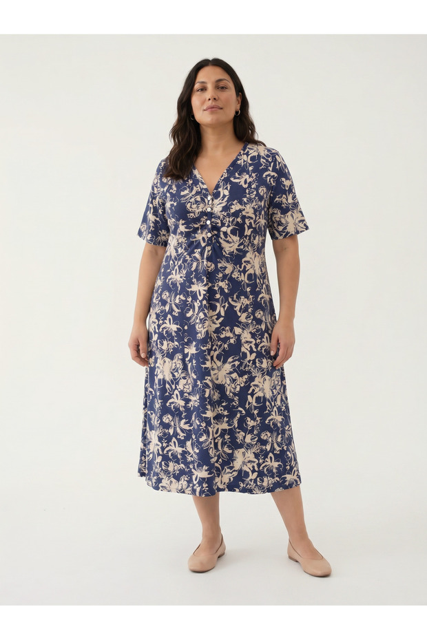 Women's Plus Size Dress Combed Cotton Short Sleeve V-Neck Buttoned Floral Pattern Midi Navy Blue