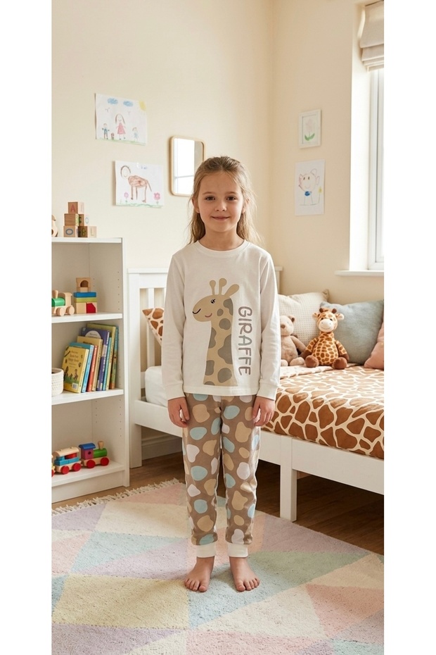 girls' %100 cotton white giraffe patterned long sleeve pajama set