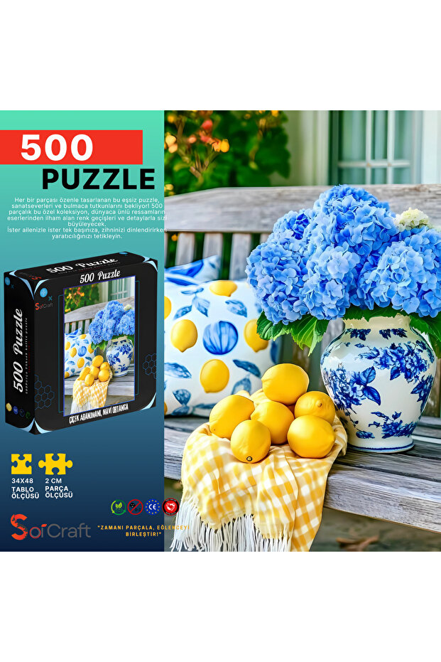 500 Piece Puzzle Blue Hydrangea and Lemon Themed # 257