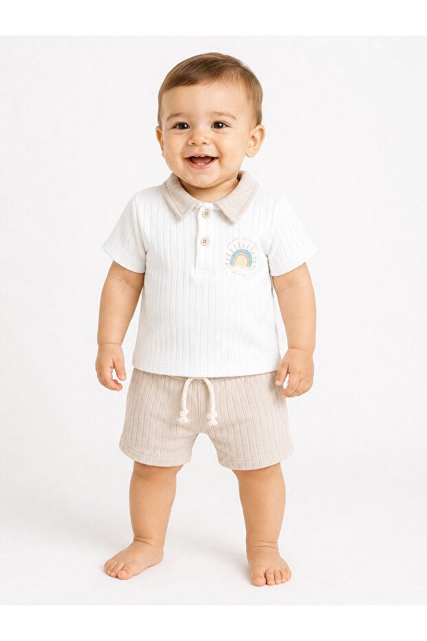 Polo Collar Printed T-Shirt Shorts Set