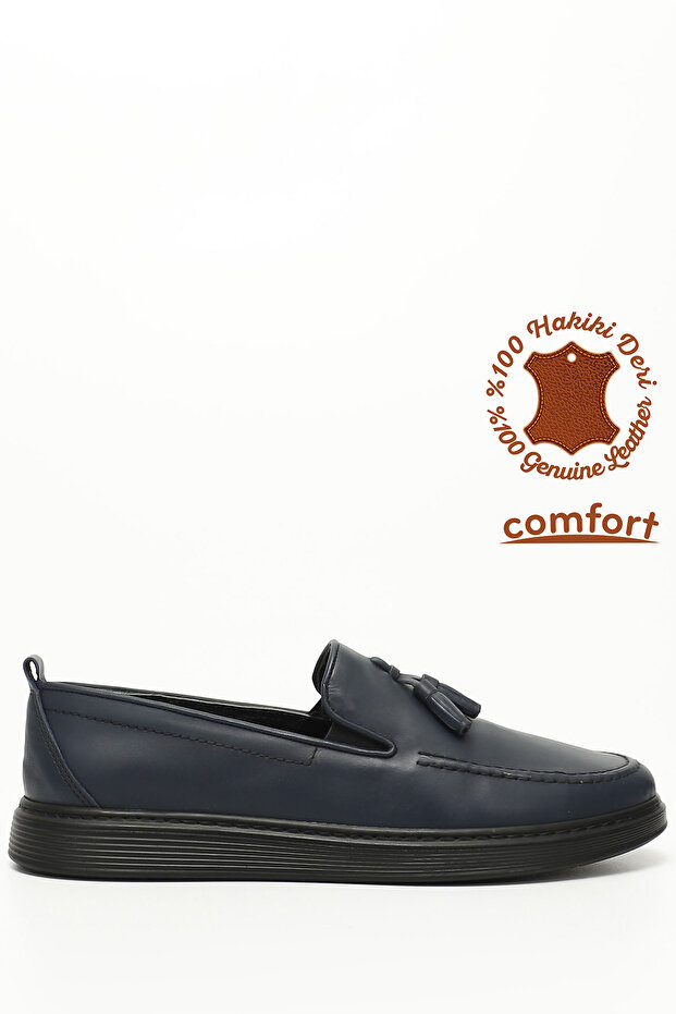 Men's Navy Blue Antique Tasseled Genuine Leather Shoes
