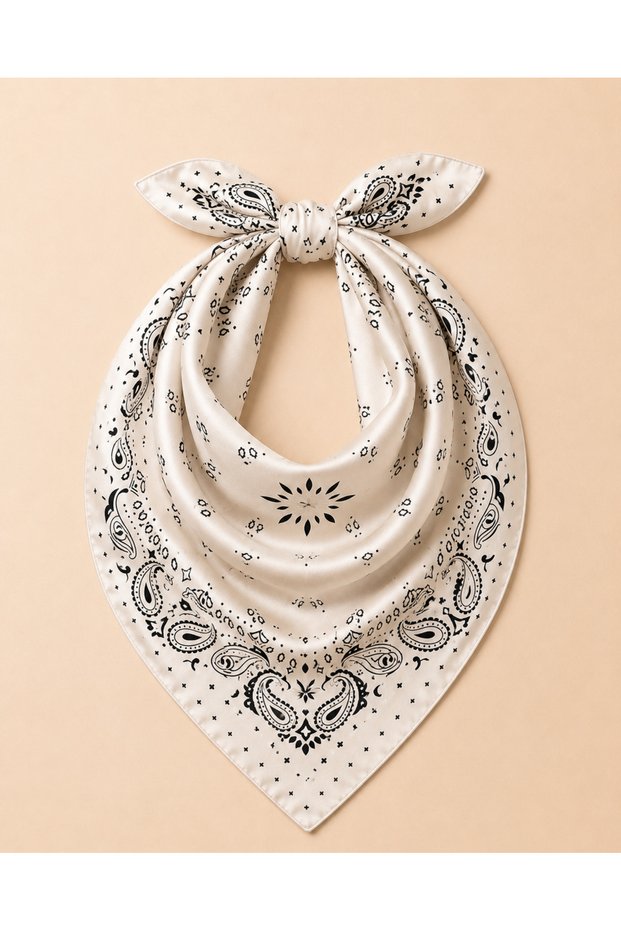Women's White Black Bandana Patterned 70X70 cm Satin Scarf, Silky Textured Square Neck Hair and Bag Accessory