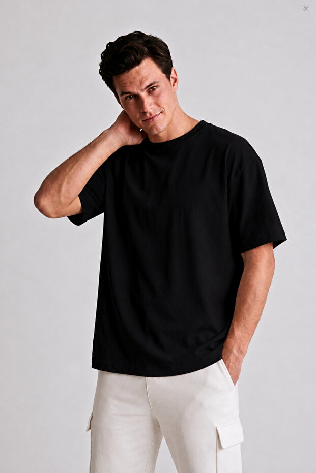 Men's Black Oversize Crew Neck 100% Cotton Plain Basic Summer T-shirt