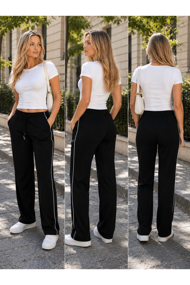 Women's Black Straight-Leg Sweatpants with Side Stripes, Comfortable Pants