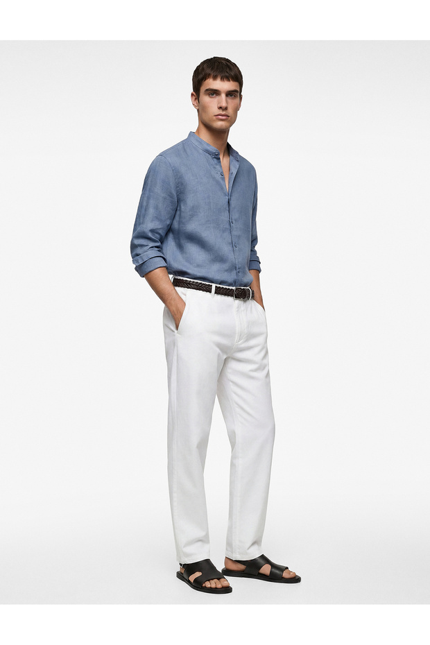 Hakim Collar Loose Fit Long Sleeve Linen Shirt