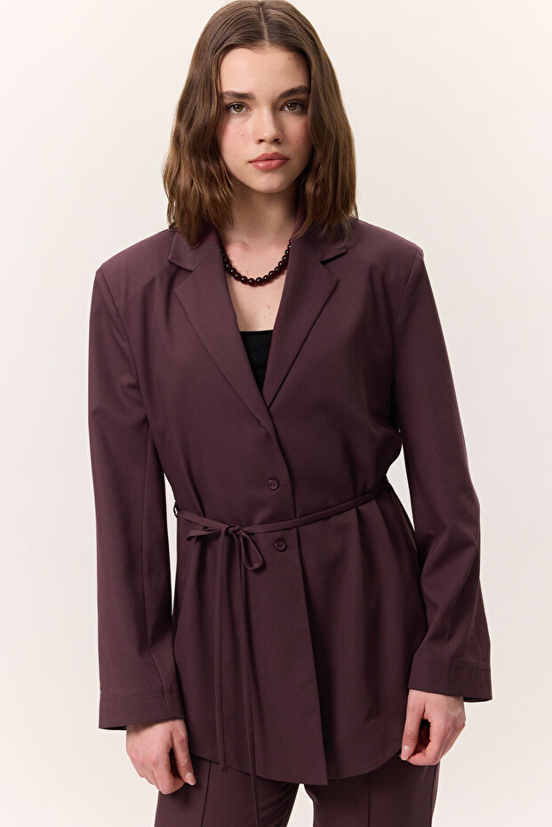 Belted Buttoned Blazer Jacket Burgundy - 3