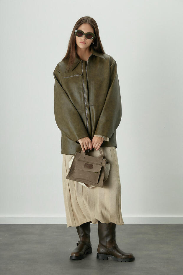 WORNED EFFECT LEATHER JACKET GREEN - 4
