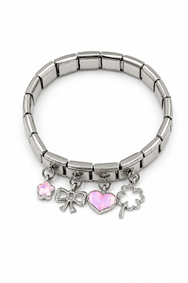 Italian Steel Dangle Bracelet with 4 Charms and Charm Gift