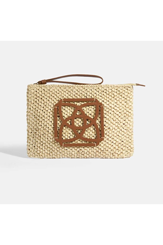 Women's Beige Leather Detailed Straw Handbag