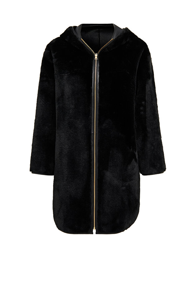 Artesina Women's Black Hooded Teddy Leather Coat 24Wgp5287Ff