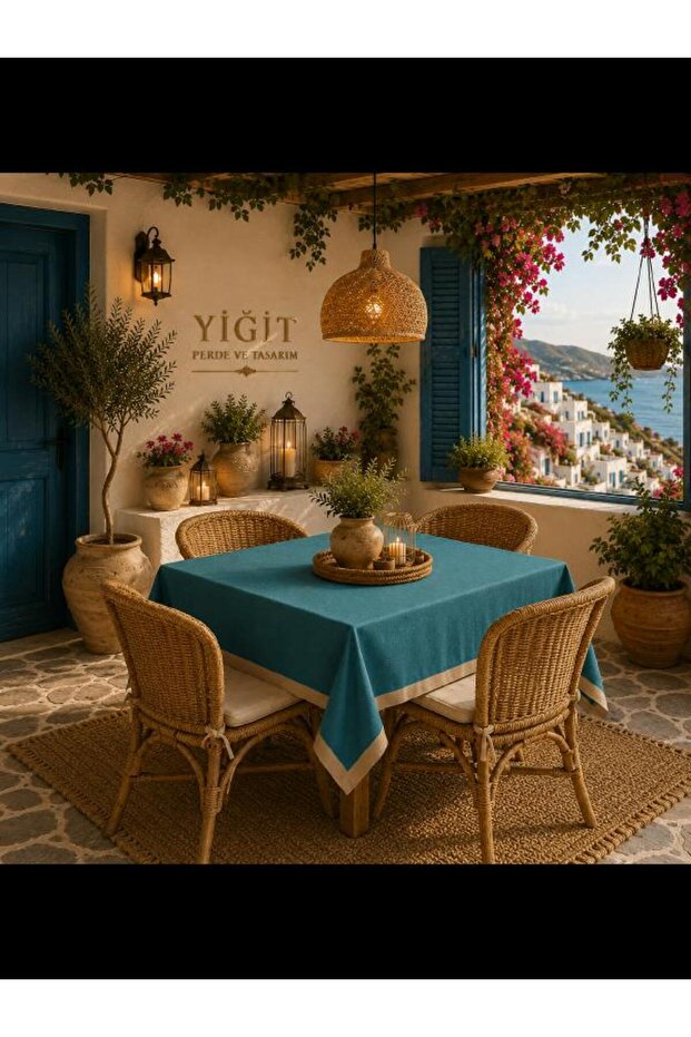 118 Yi̇ği̇t Perde Ve Tasarim Turquoise Color Beige Transitional Velvet Textured Table Cloth