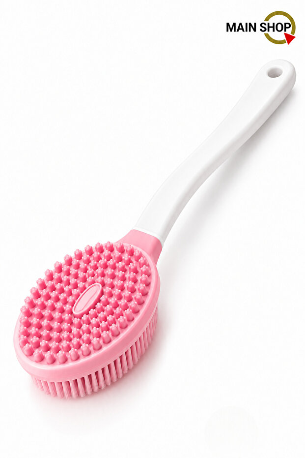1 Piece Double-Sided Long-Handled Bath Brush - Soft-Bristled Non-Irritating Back Scrubber and Massager Pink M-152