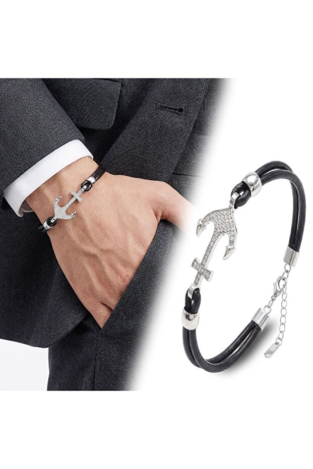 Zircon Stone Steel Anchor Detailed Adjustable Leather Men's Bracelet - One Size
